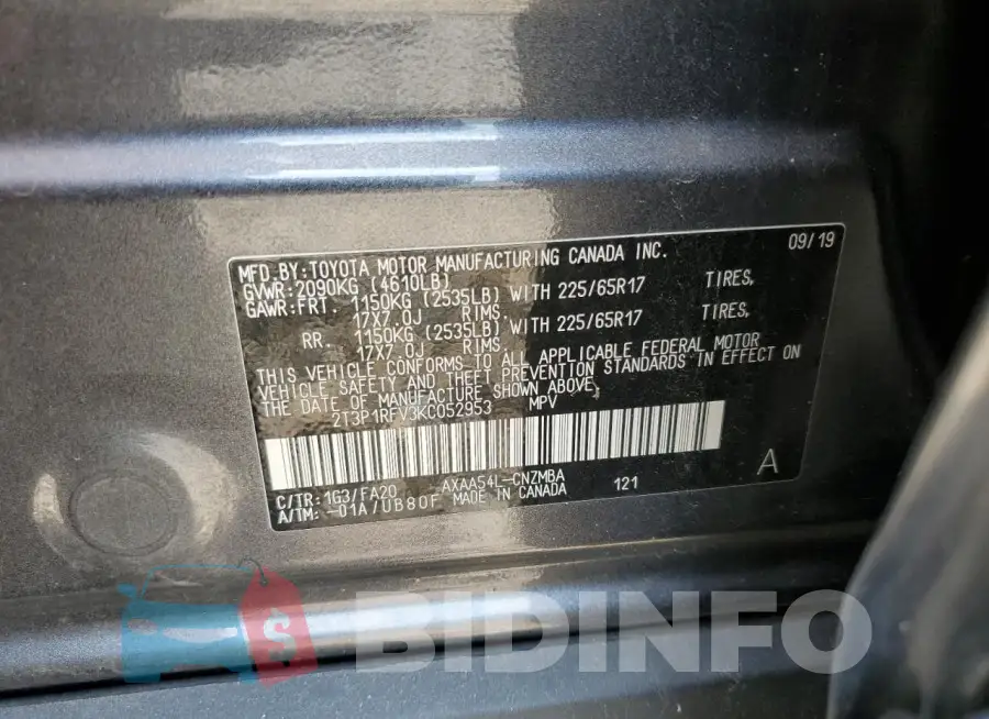 2T3P1RFV3KC052953 Photo# 13