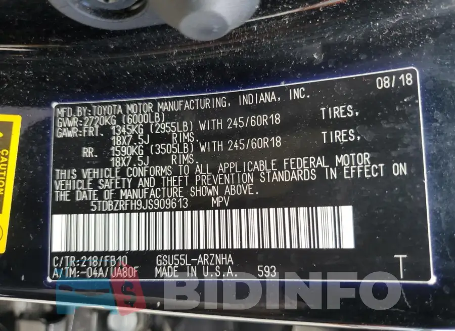 5TDBZRFH9JS909613 Photo# 13