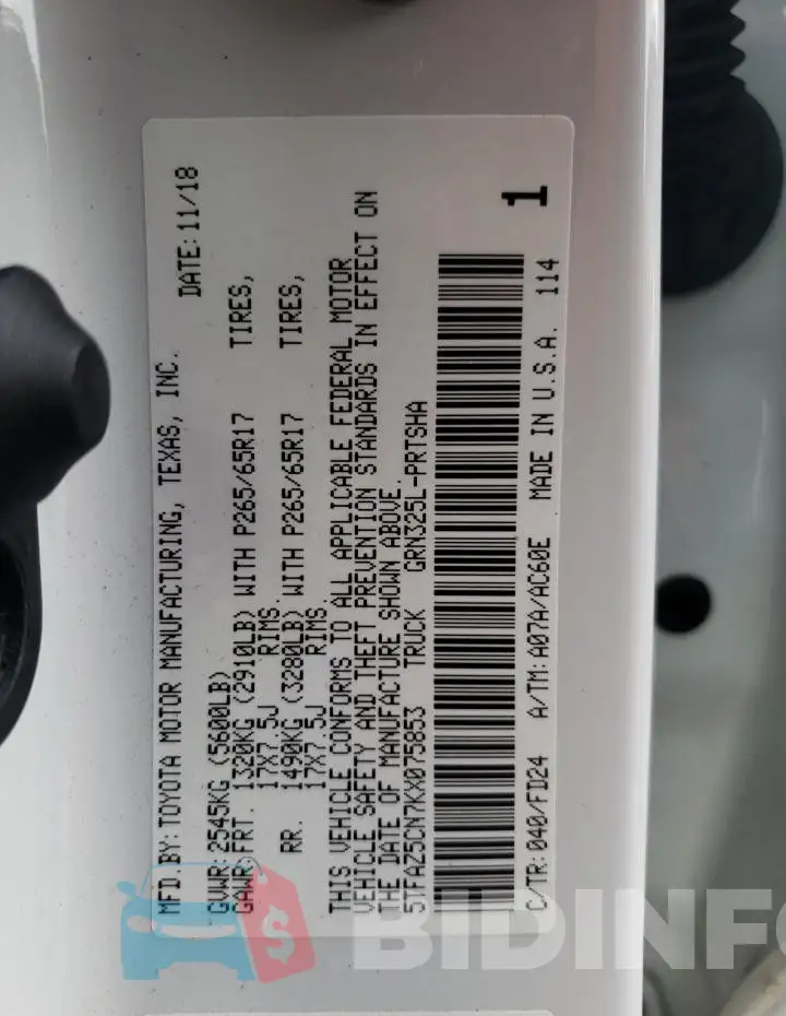 5TFAZ5CN7KX075853 Photo# 12