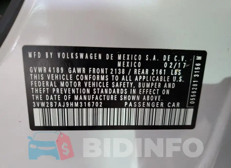 3VW2B7AJ9HM316702 Photo# 12