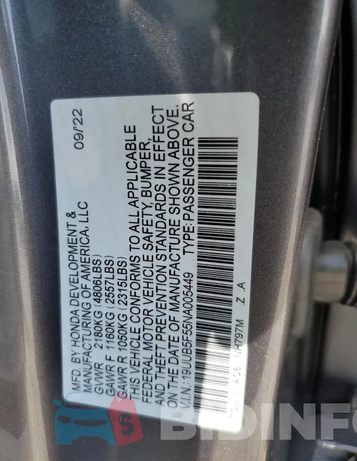 19UUB5F55NA005449 Photo# 12
