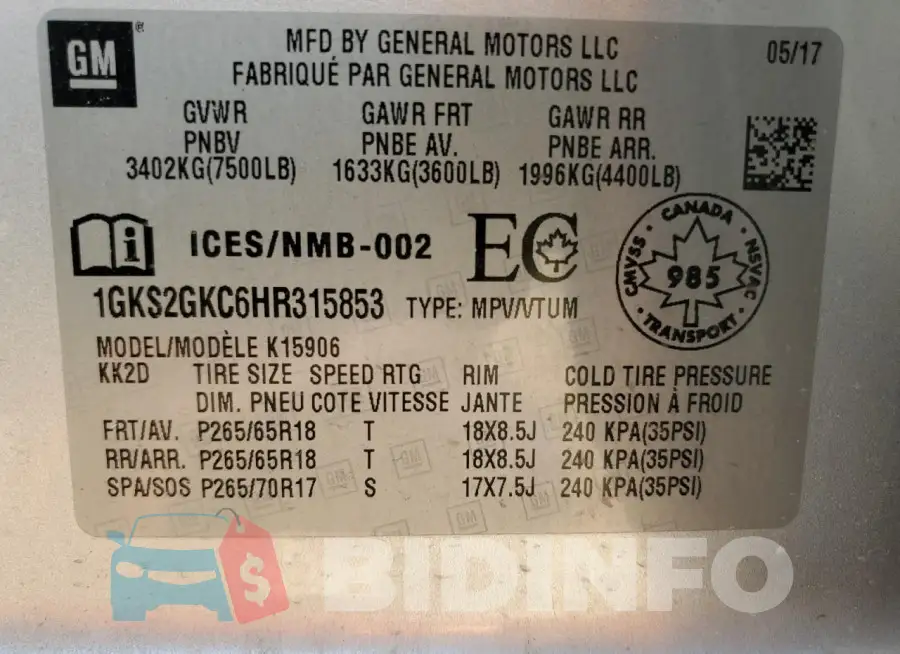 1GKS2GKC6HR315853 Photo# 13