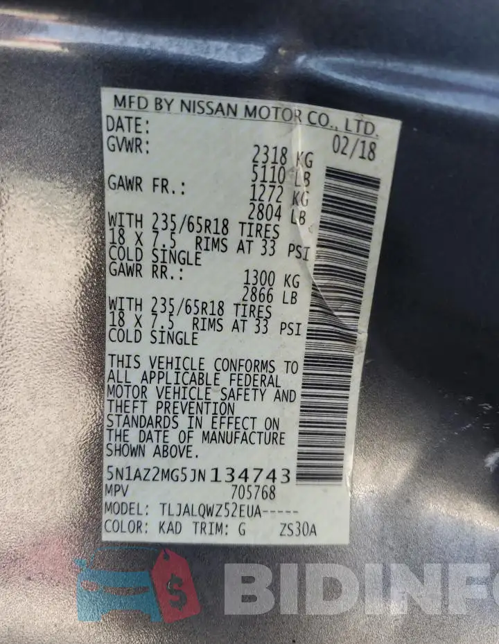 5N1AZ2MG5JN134743 Photo# 13
