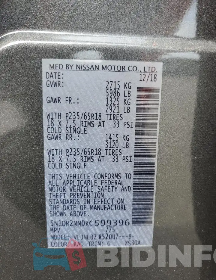 5N1DR2MM0KC599396 Photo# 13