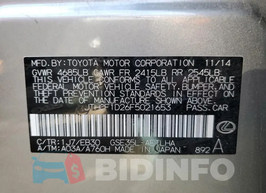 JTHCF1D26F5021653 Photo# 12