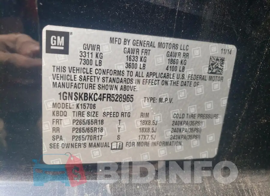 1GNSKBKC4FR528965 Photo# 14