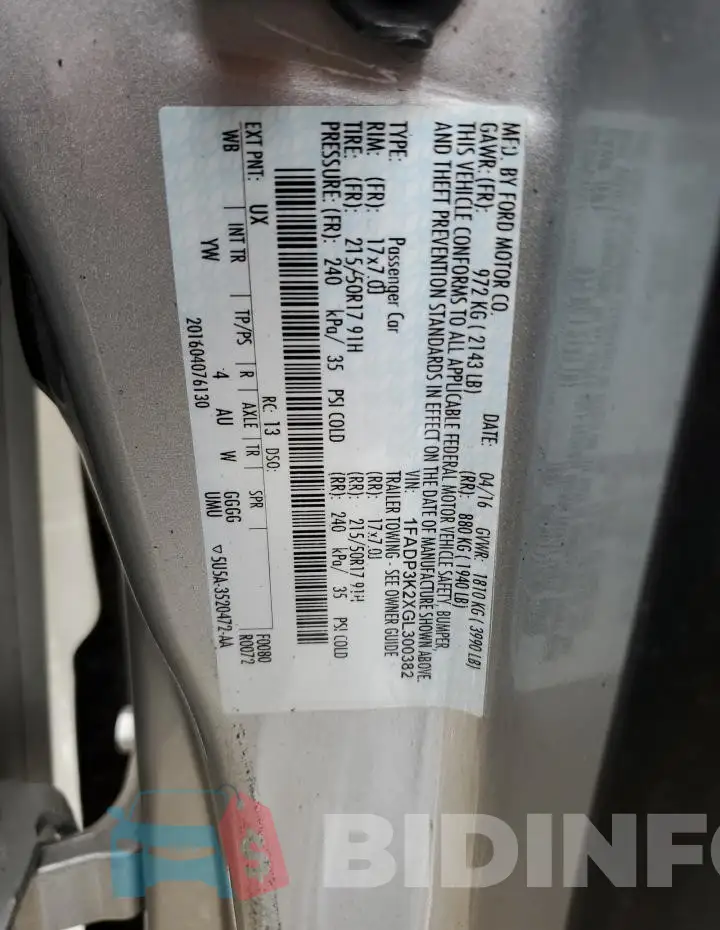 1FADP3K2XGL300382 Photo# 13