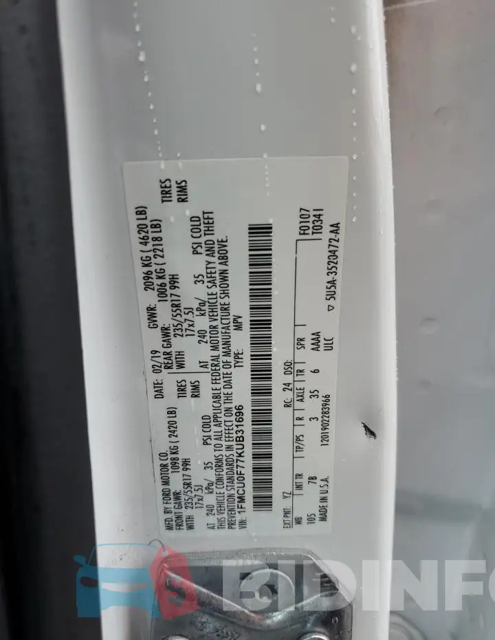 1FMCU0F77KUB31696 Photo# 13