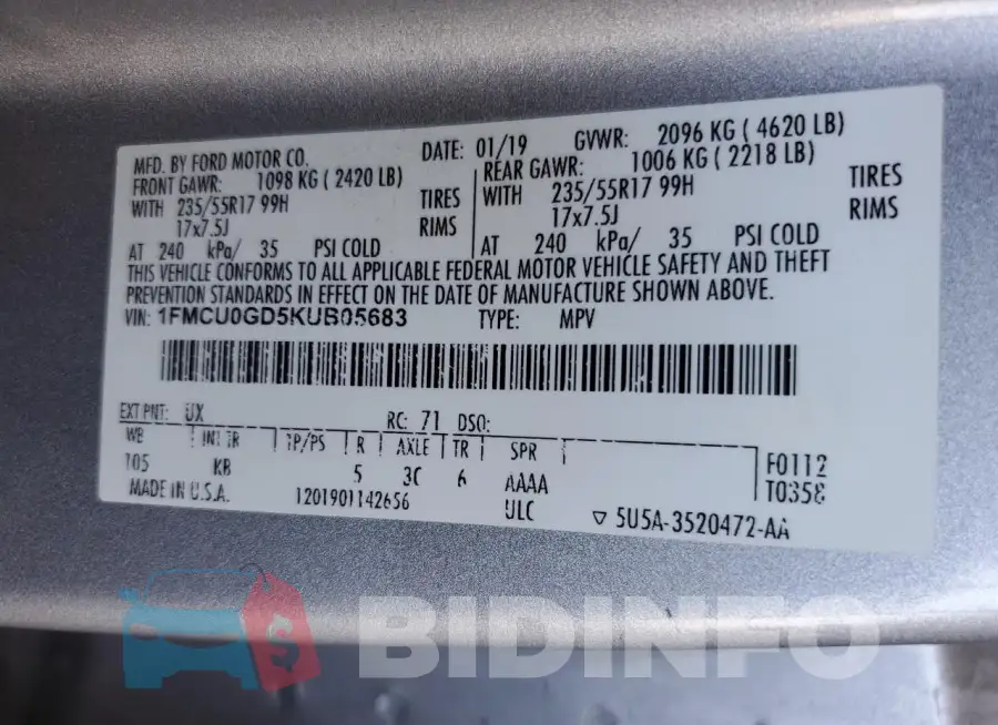 1FMCU0GD5KUB05683 Photo# 13