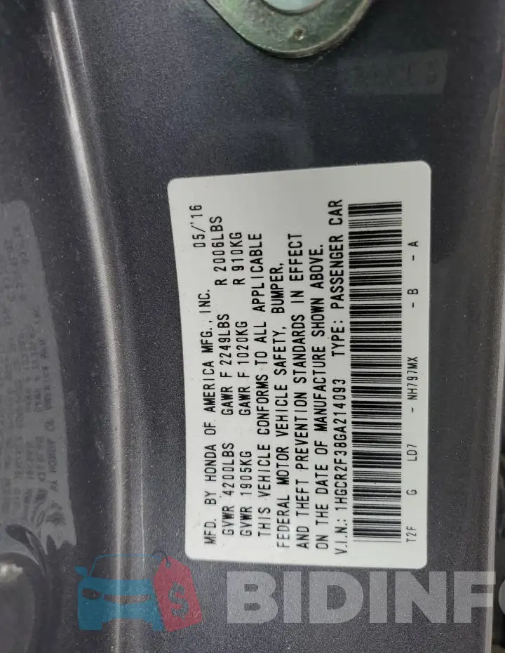 1HGCR2F38GA214093 Photo# 12