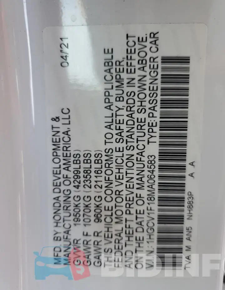 1HGCV1F18MA064583 Photo# 12