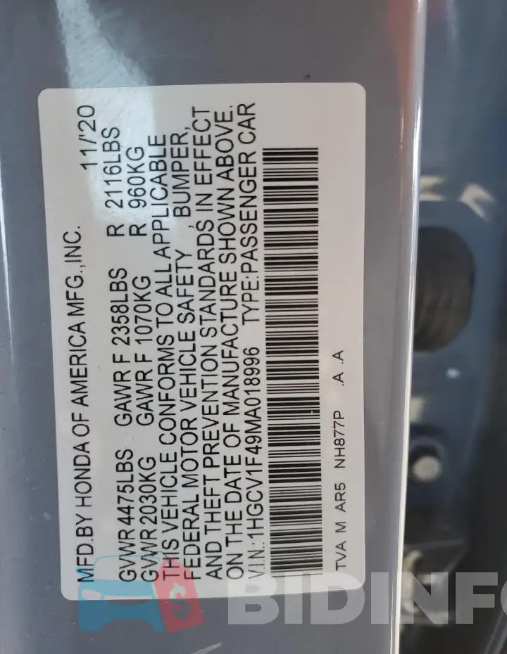 1HGCV1F49MA018996 Photo# 12