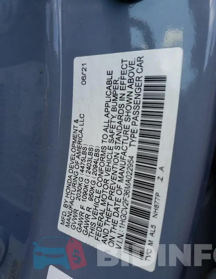 1HGCV2F36MA022954 Photo# 12