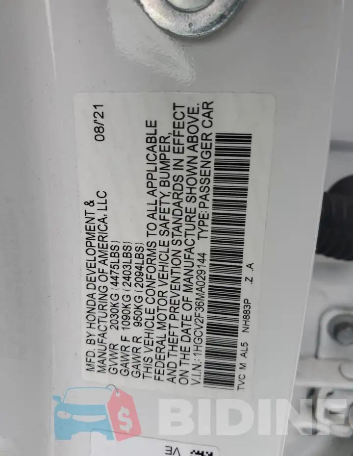 1HGCV2F36MA029144 Photo# 12