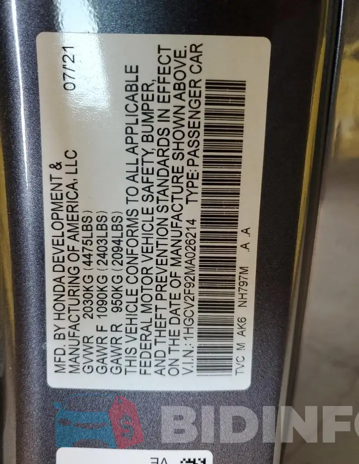 1HGCV2F92MA026214 Photo# 12