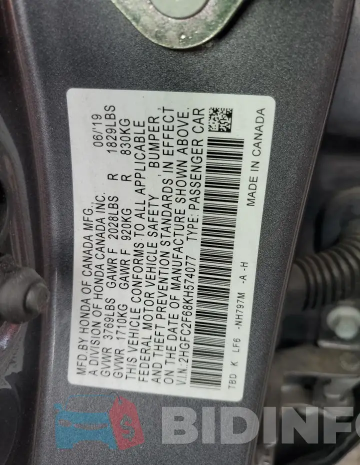 2HGFC2F68KH574077 Photo# 12