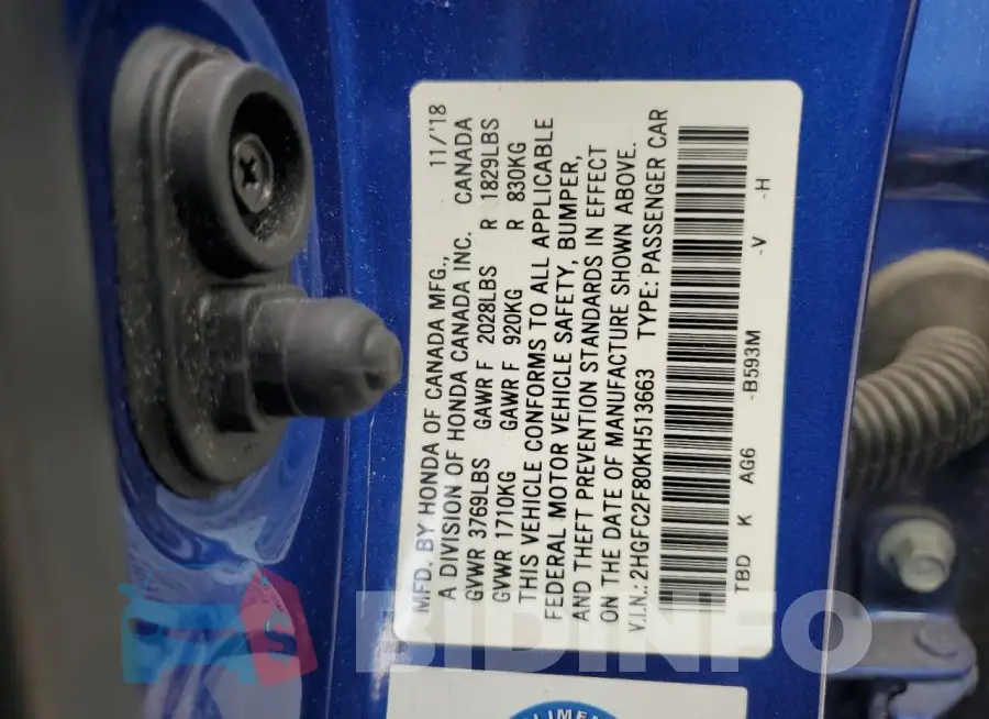 2HGFC2F80KH513663 Photo# 12