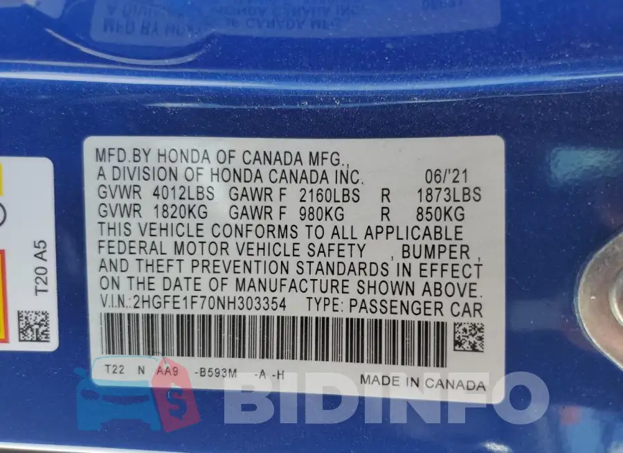2HGFE1F70NH303354 Photo# 13