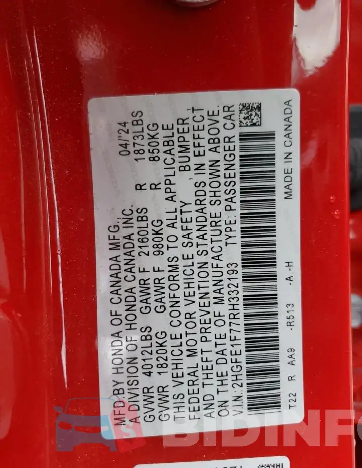 2HGFE1F77RH332193 Photo# 12