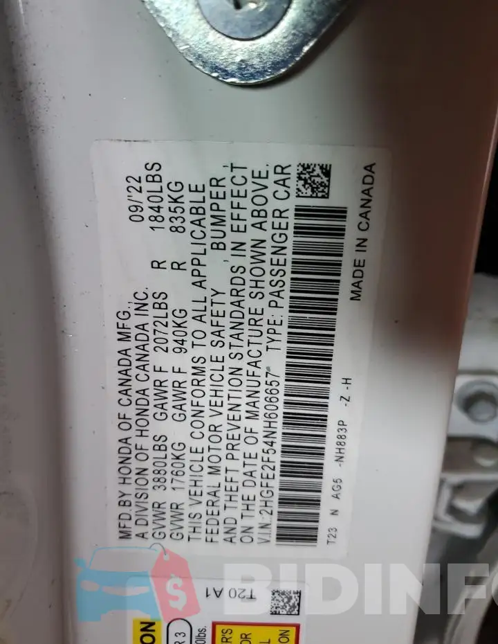 2HGFE2F54NH606657 Photo# 12