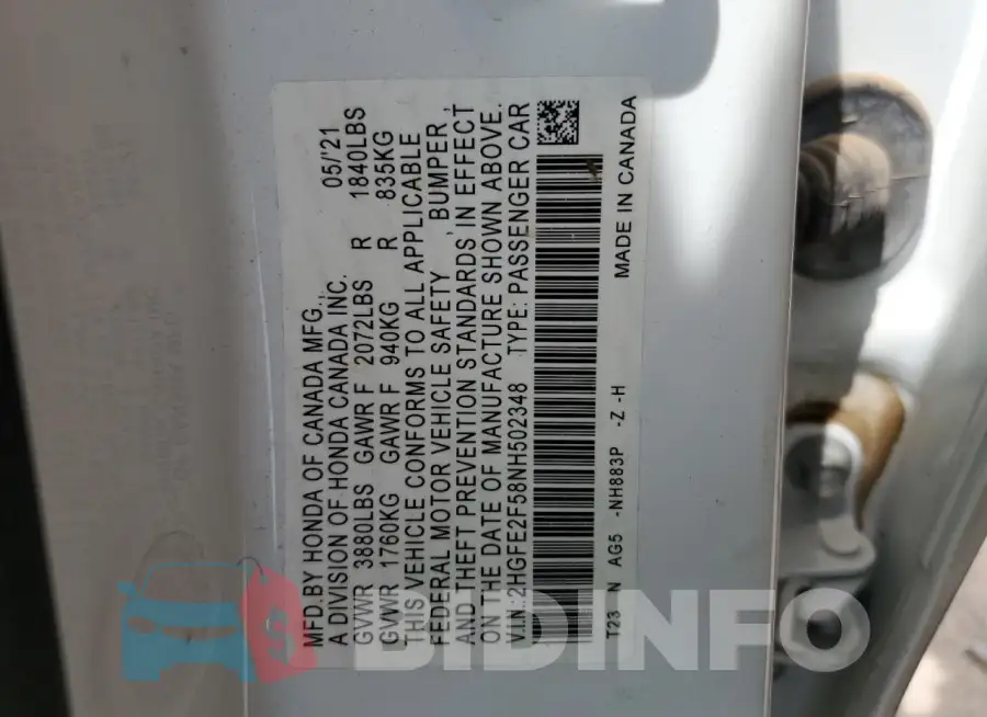 2HGFE2F58NH502348 Photo# 12