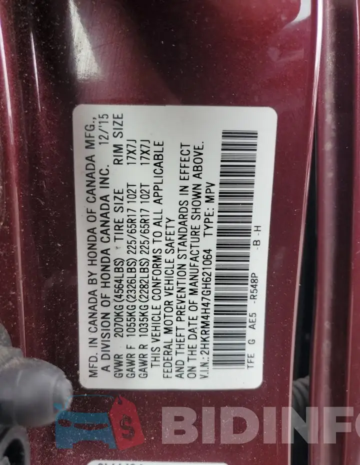 2HKRM4H47GH621064 Photo# 14