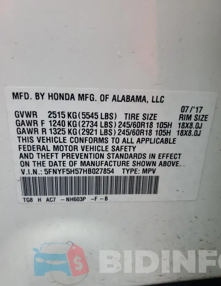 5FNYF5H57HB027854 Photo# 14