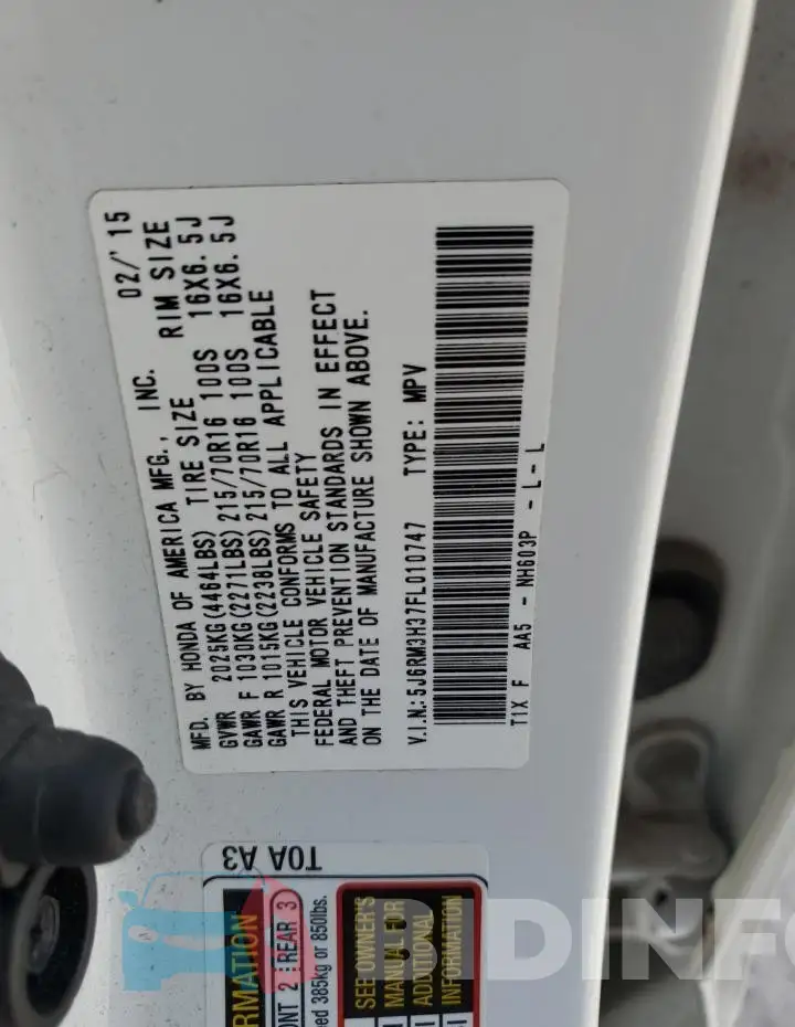 5J6RM3H37FL010747 Photo# 13