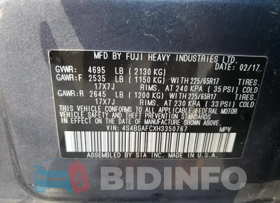 4S4BSAFCXH3350767 Photo# 13