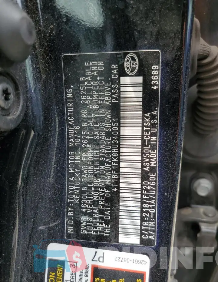 4T1BF1FK8HU340051 Photo# 13