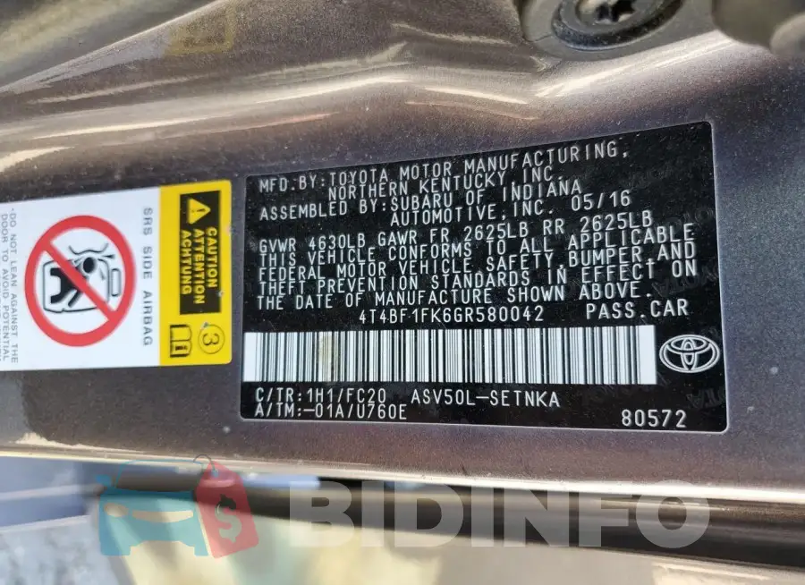4T4BF1FK6GR580042 Photo# 12