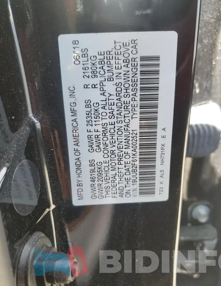 19UUB2F61KA002521 Photo# 12