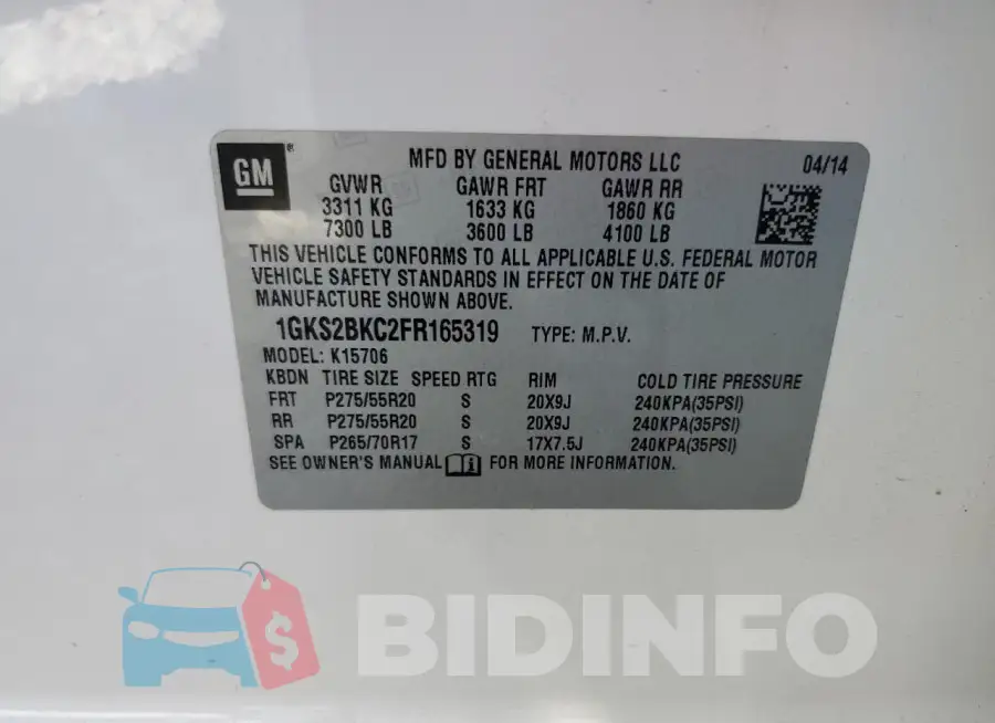 1GKS2BKC2FR165319 Photo# 13