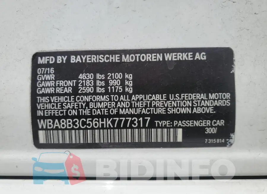 WBA8B3C56HK777317 Photo# 12