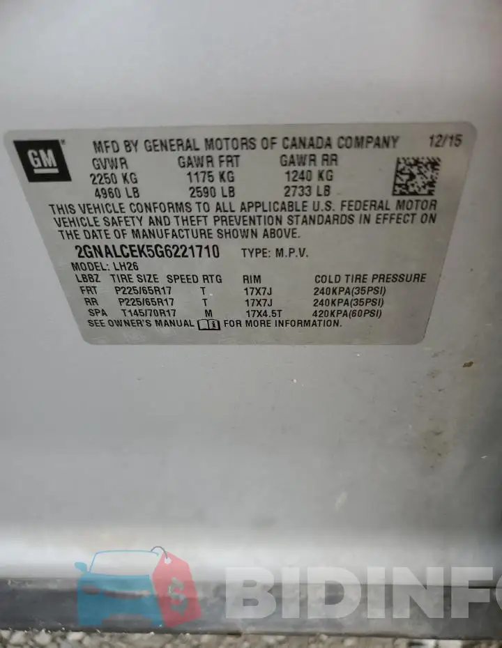 2GNALCEK5G6221710 Photo# 13
