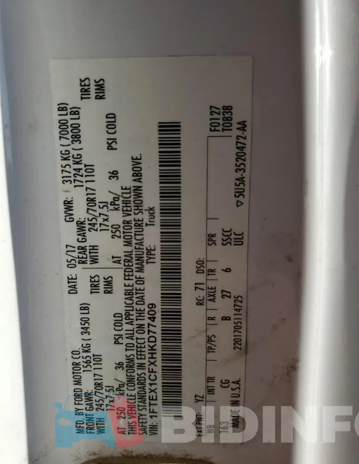 1FTEX1CFXHKD77409 Photo# 12