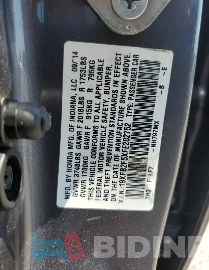 19XFB2F5XFE202752 Photo# 12