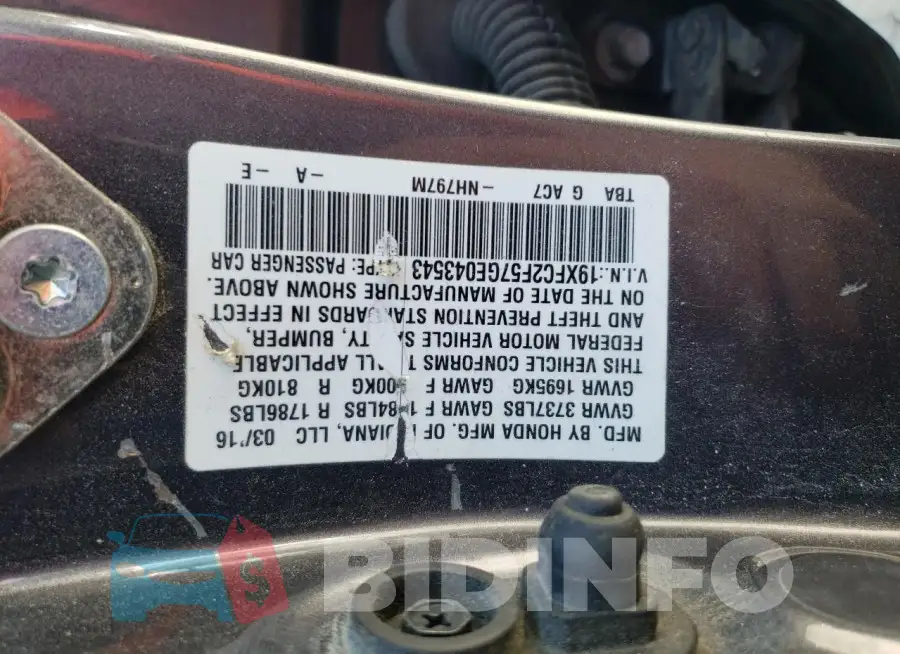 19XFC2F57GE043543 Photo# 12