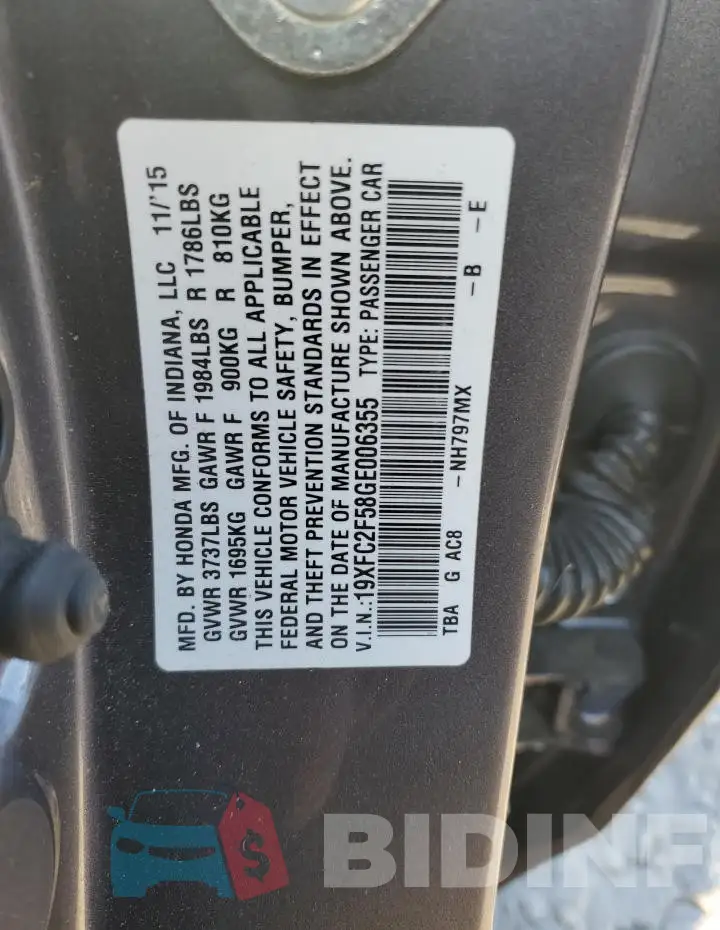 19XFC2F58GE006355 Photo# 12
