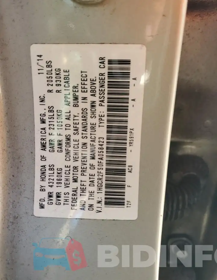 1HGCR2F50FA058423 Photo# 12