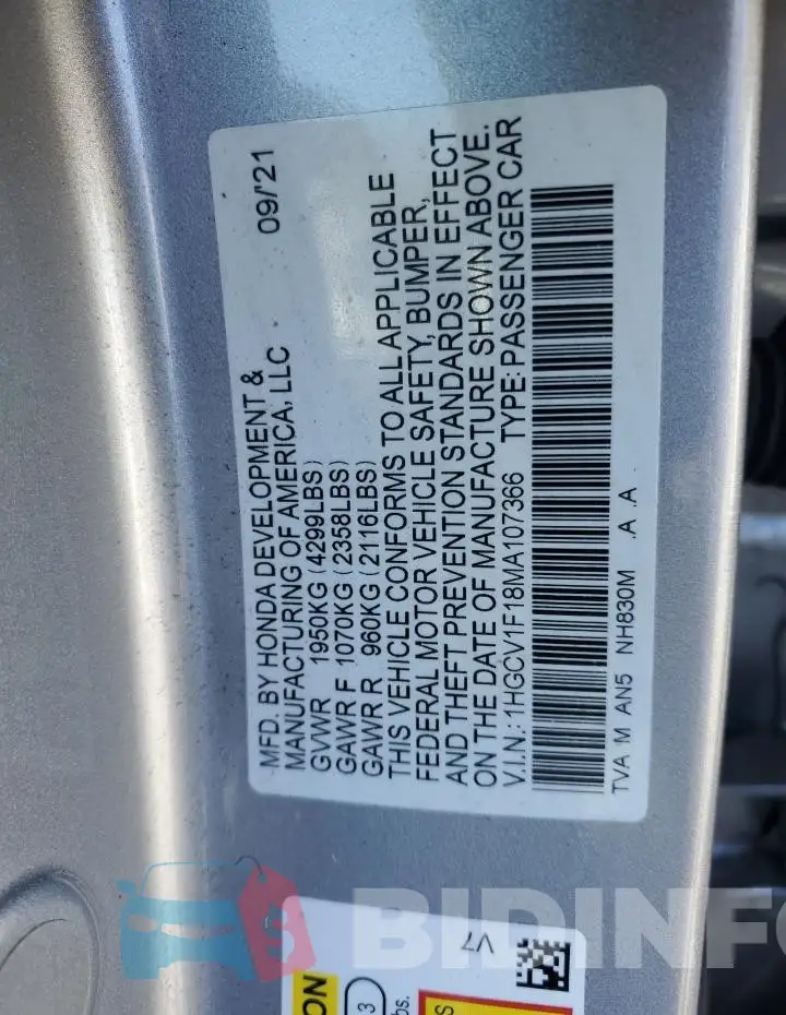 1HGCV1F18MA107366 Photo# 12