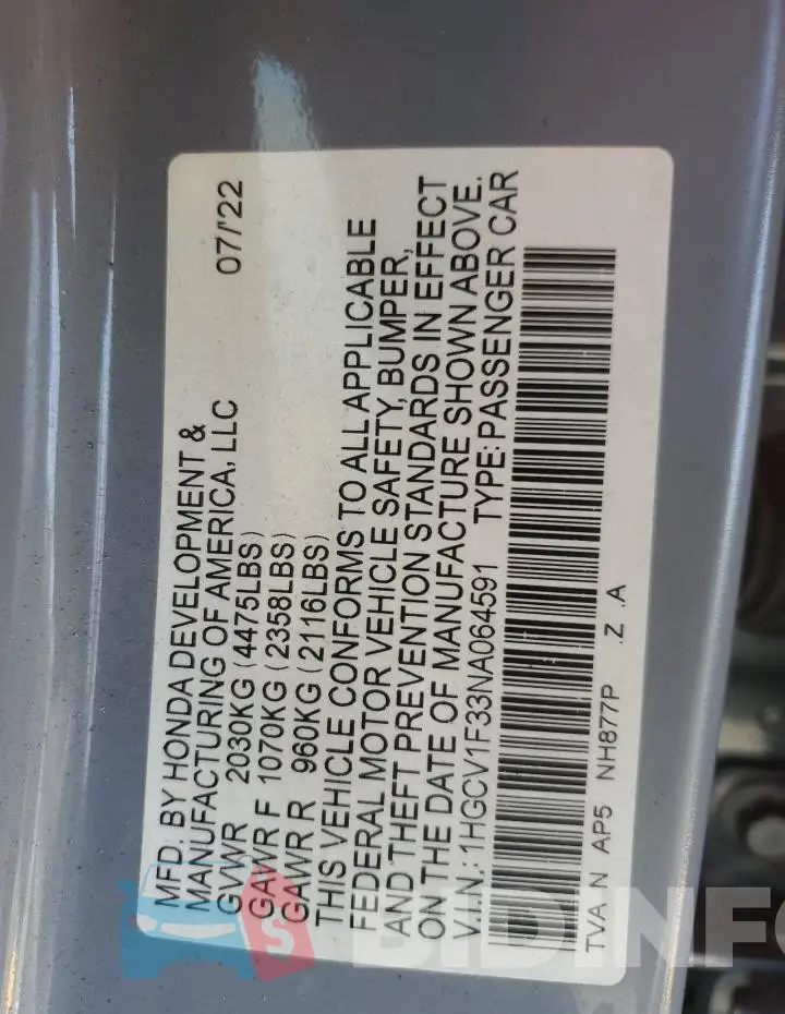 1HGCV1F33NA064591 Photo# 12