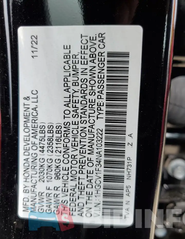 1HGCV1F34NA103222 Photo# 12
