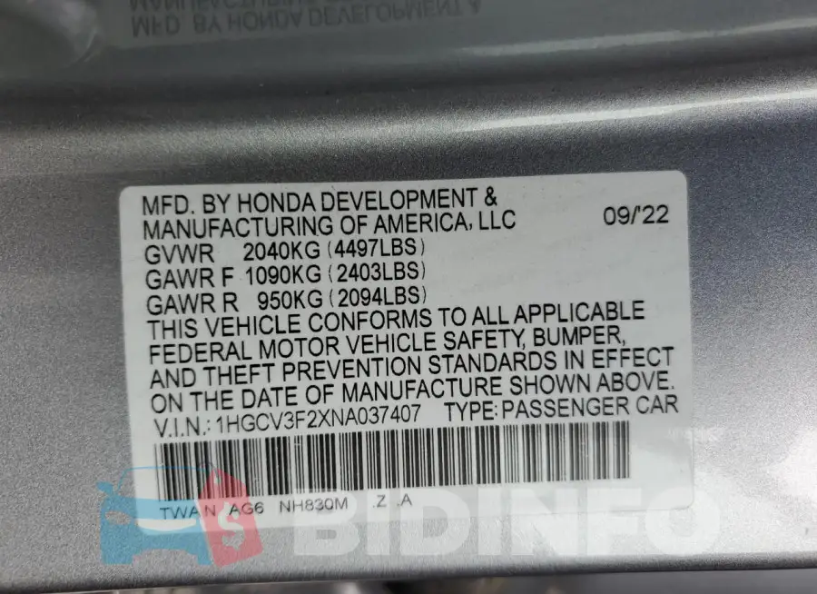 1HGCV3F2XNA037407 Photo# 12