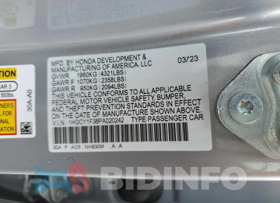1HGCY1F38PA020242 Photo# 12