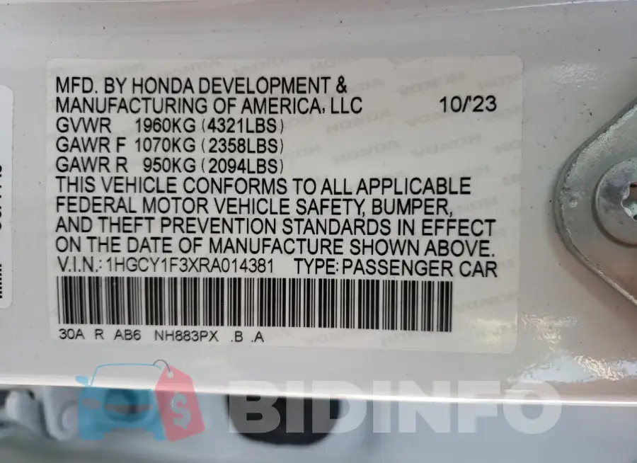 1HGCY1F3XRA014381 Photo# 12