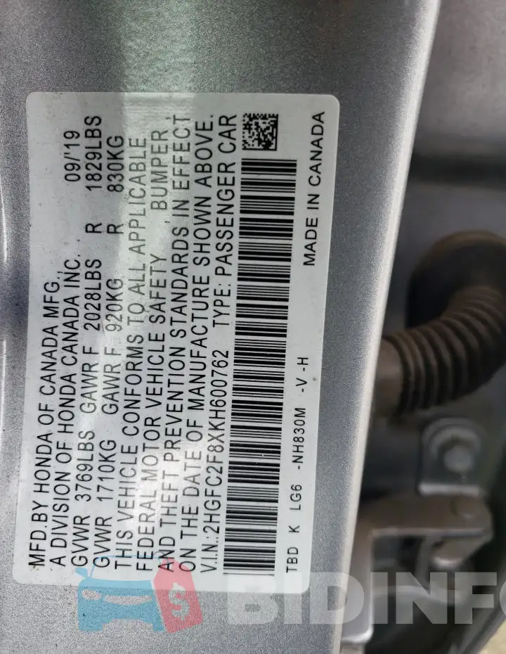 2HGFC2F8XKH600762 Photo# 12
