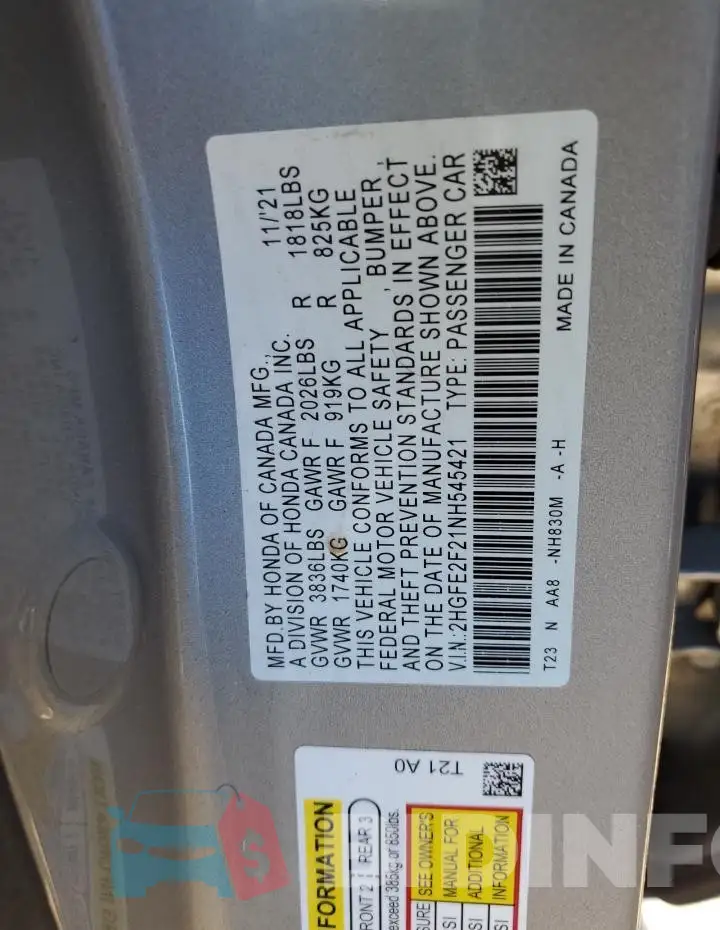 2HGFE2F21NH545421 Photo# 12