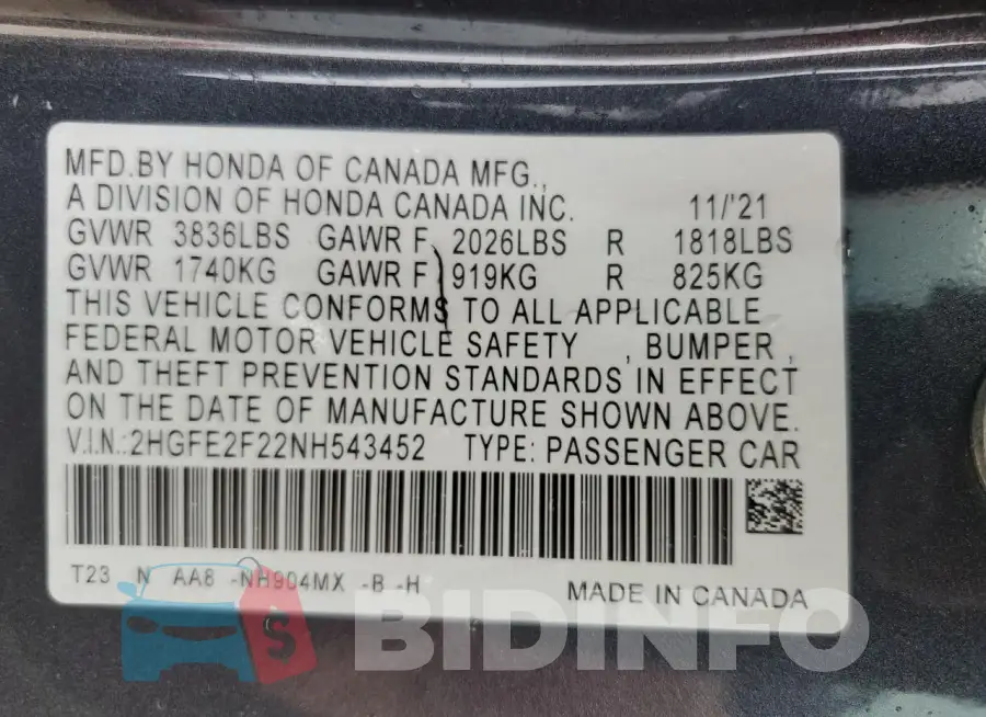 2HGFE2F22NH543452 Photo# 13