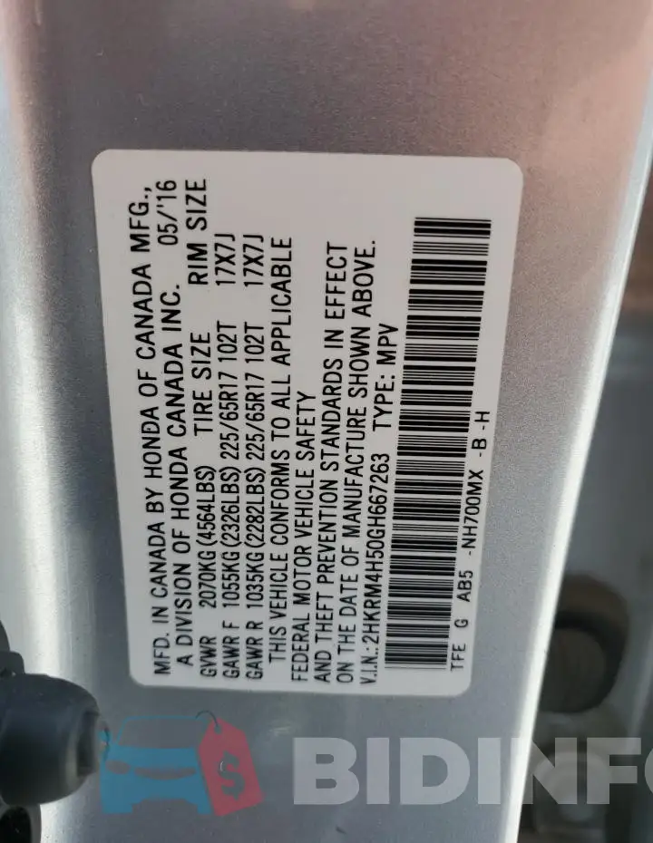 2HKRM4H50GH667263 Photo# 14